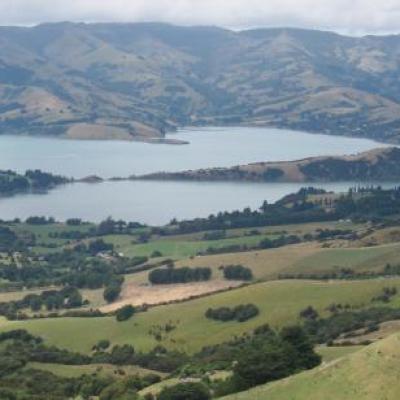 Magnifique vue sur la peninsule volcanique d'Akaora (pres de Christchurch), ou les Francais ont debarque en 1er